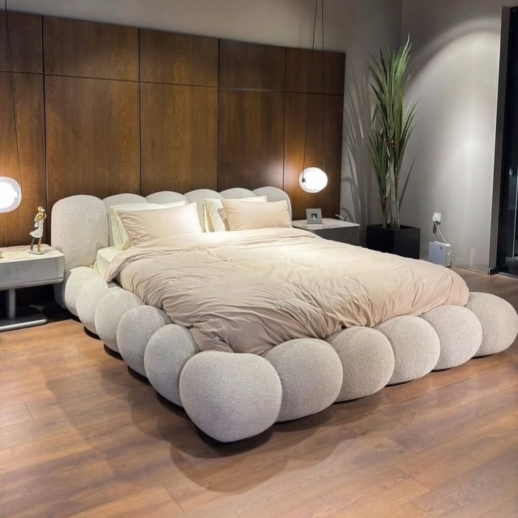 Ivory Boucle Bubble Bed with Walnut Accent Wall