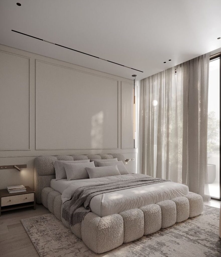 Textured Gray Bubble Bed with Paneled Wall