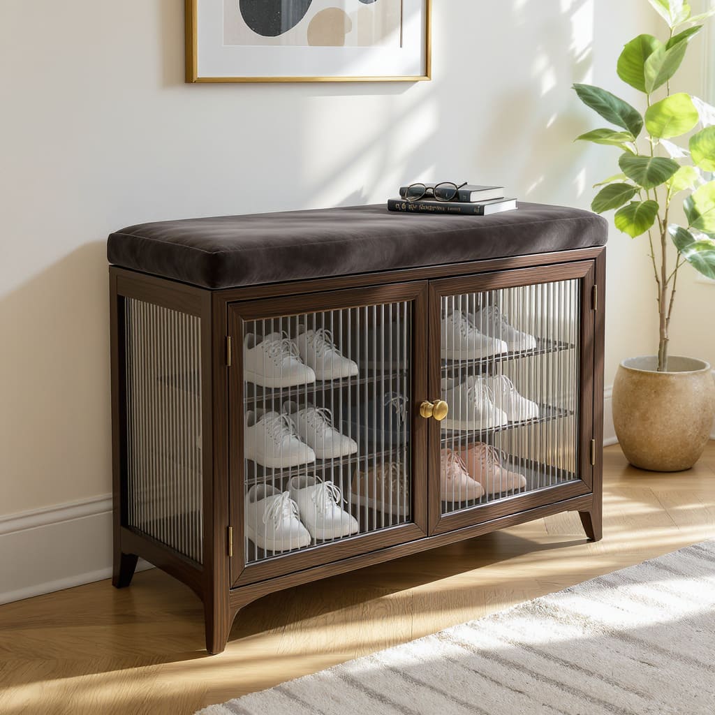 Cushioned Glass Front Shoe Bench
