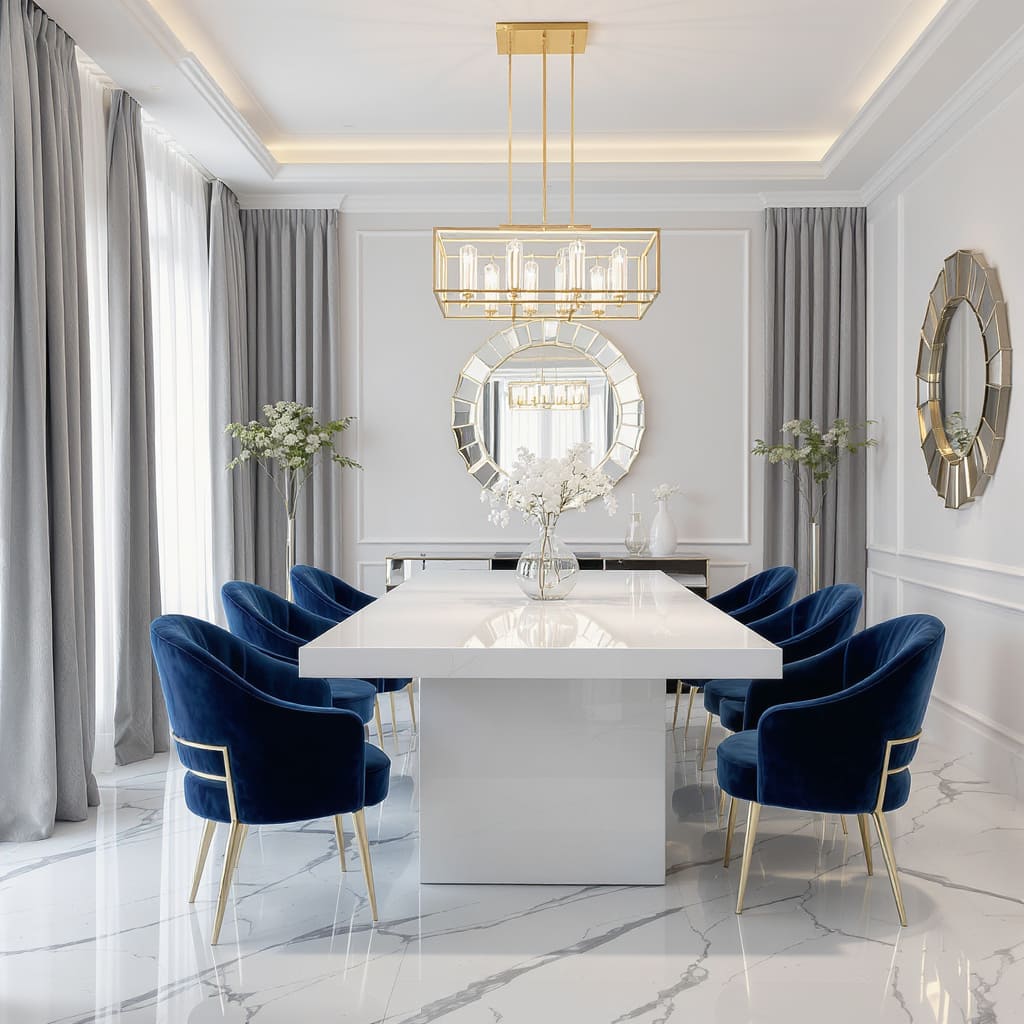 High Gloss White Luxury Dining Table with Blue Velvet Chairs