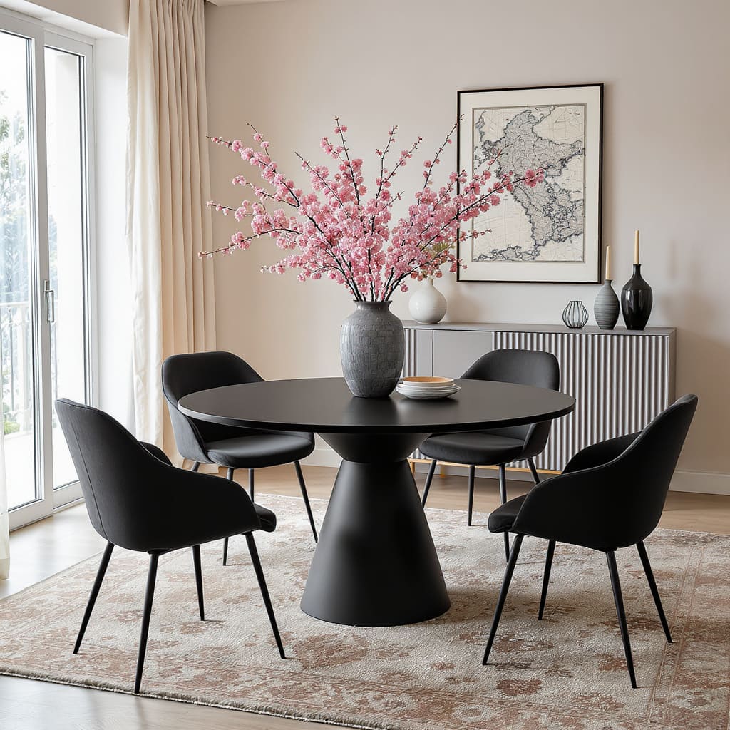 Matte Black Round Pedestal Dining Table with Blossom Centerpiece
