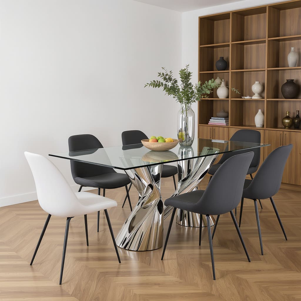 Sculptural Chrome Base Glass Dining Table