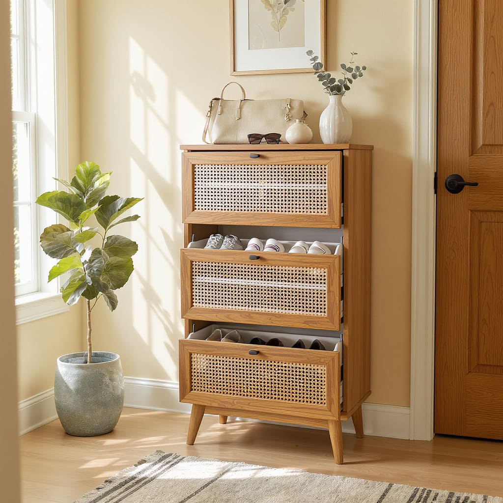 Slim Rattan Flip-Drawer Shoe Cabinet