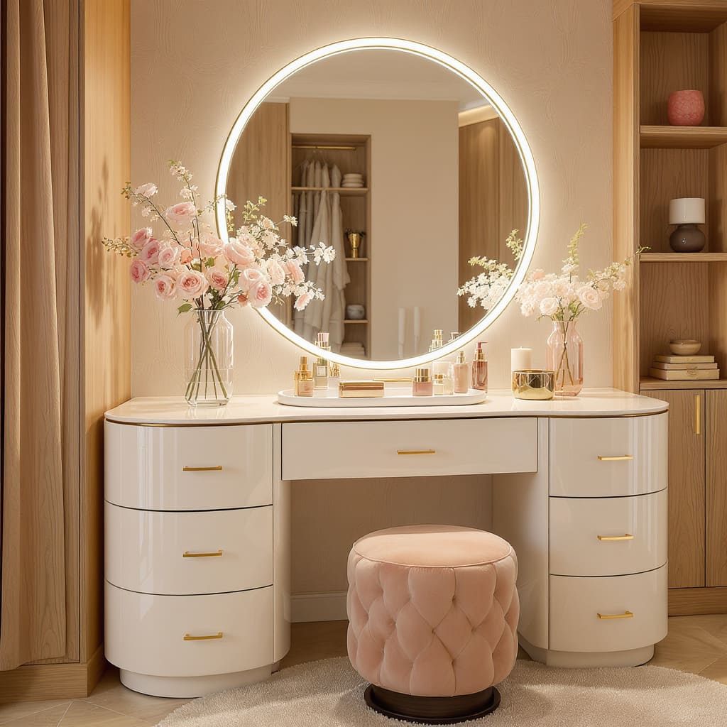 Soft Glam Round Mirror Vanity