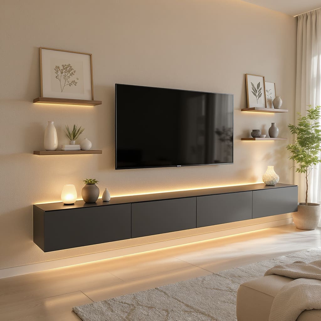 Warm Matte Black Floating TV Console
