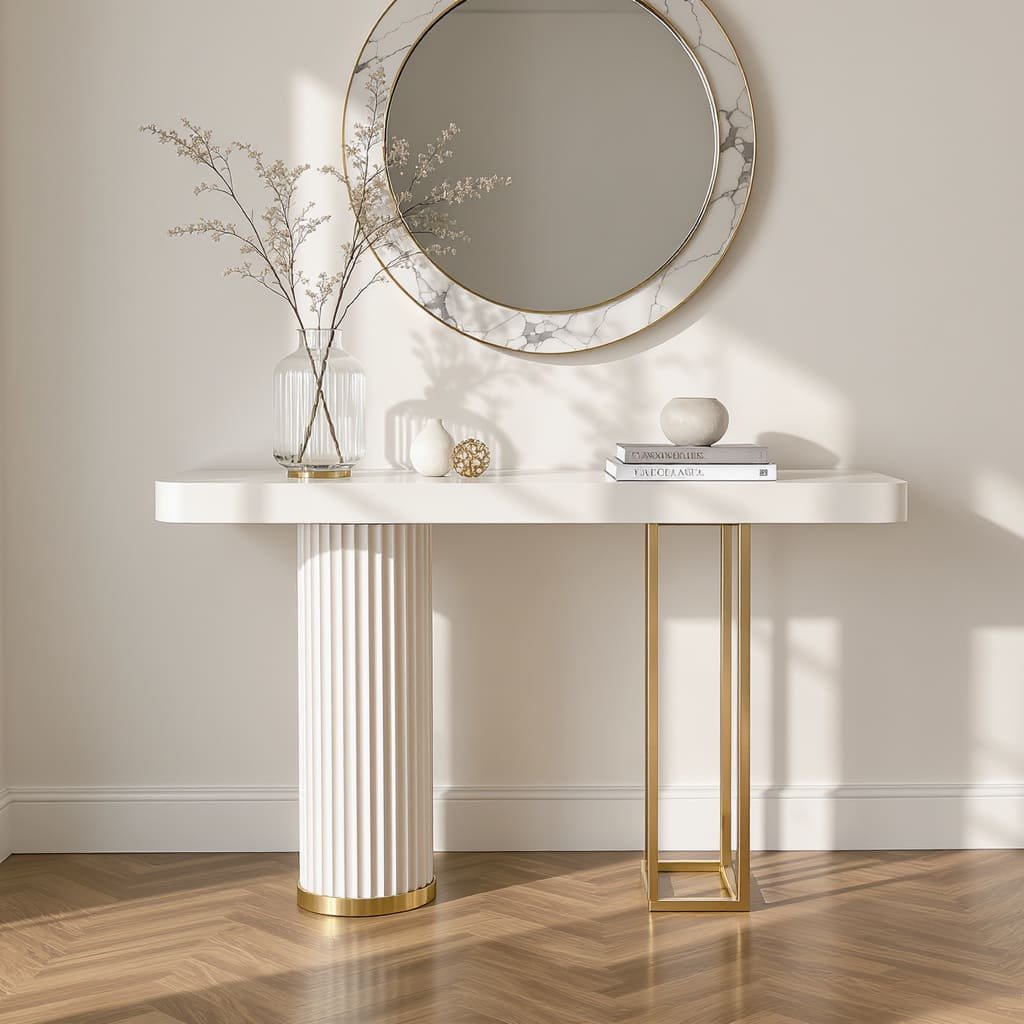 Asymmetrical Pedestal Console Table with Fluted Column Base