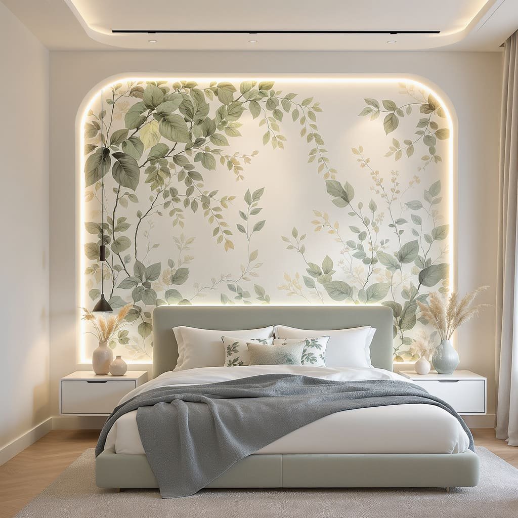 Backlit Botanical Mural Bed Wall with Rounded Frame