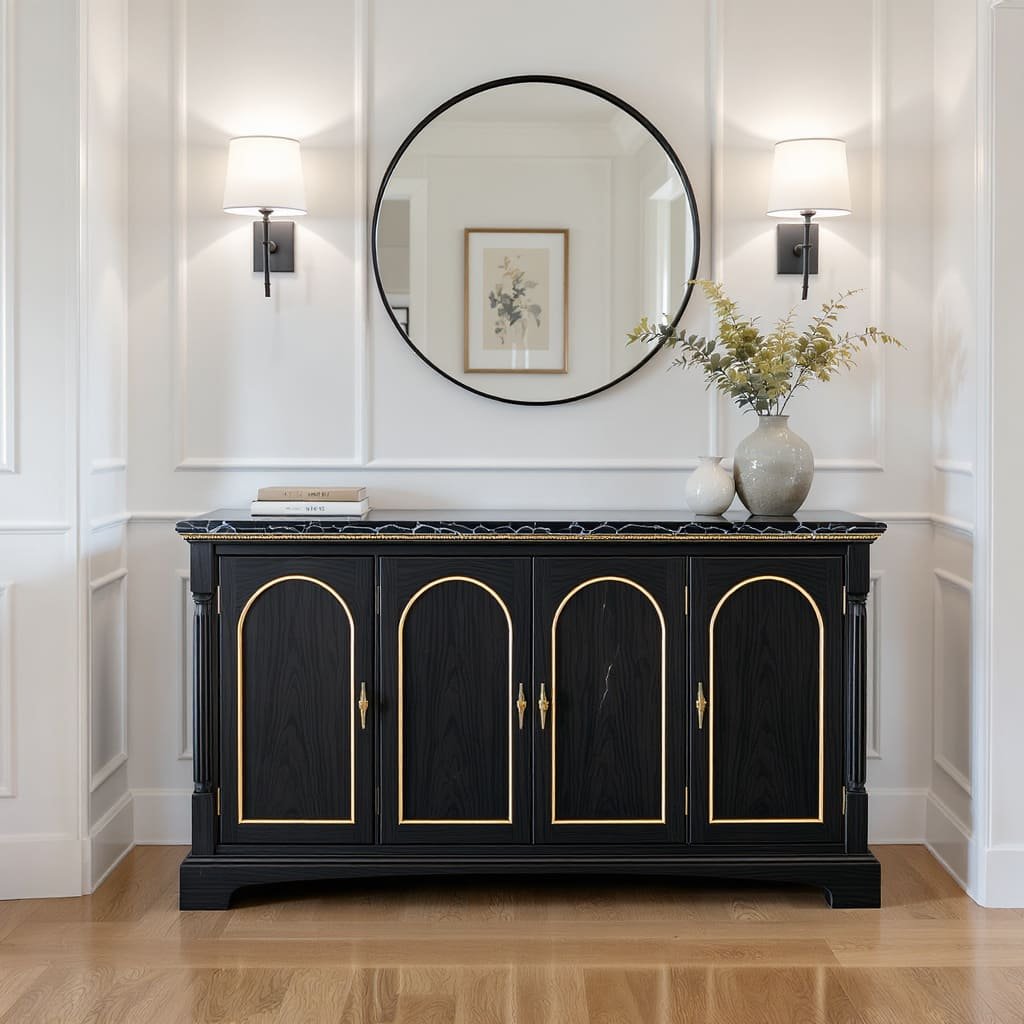 Black Arched Panel Console Table with Brass Trim