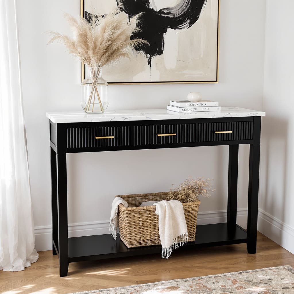 Black Console Table with Marble Top and Brass Pulls