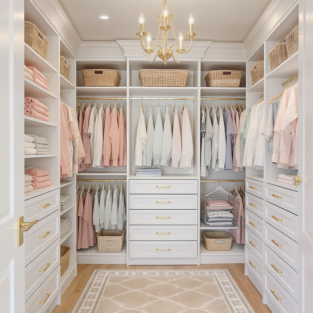 Blush And White Walk In Closet With Basket Storage