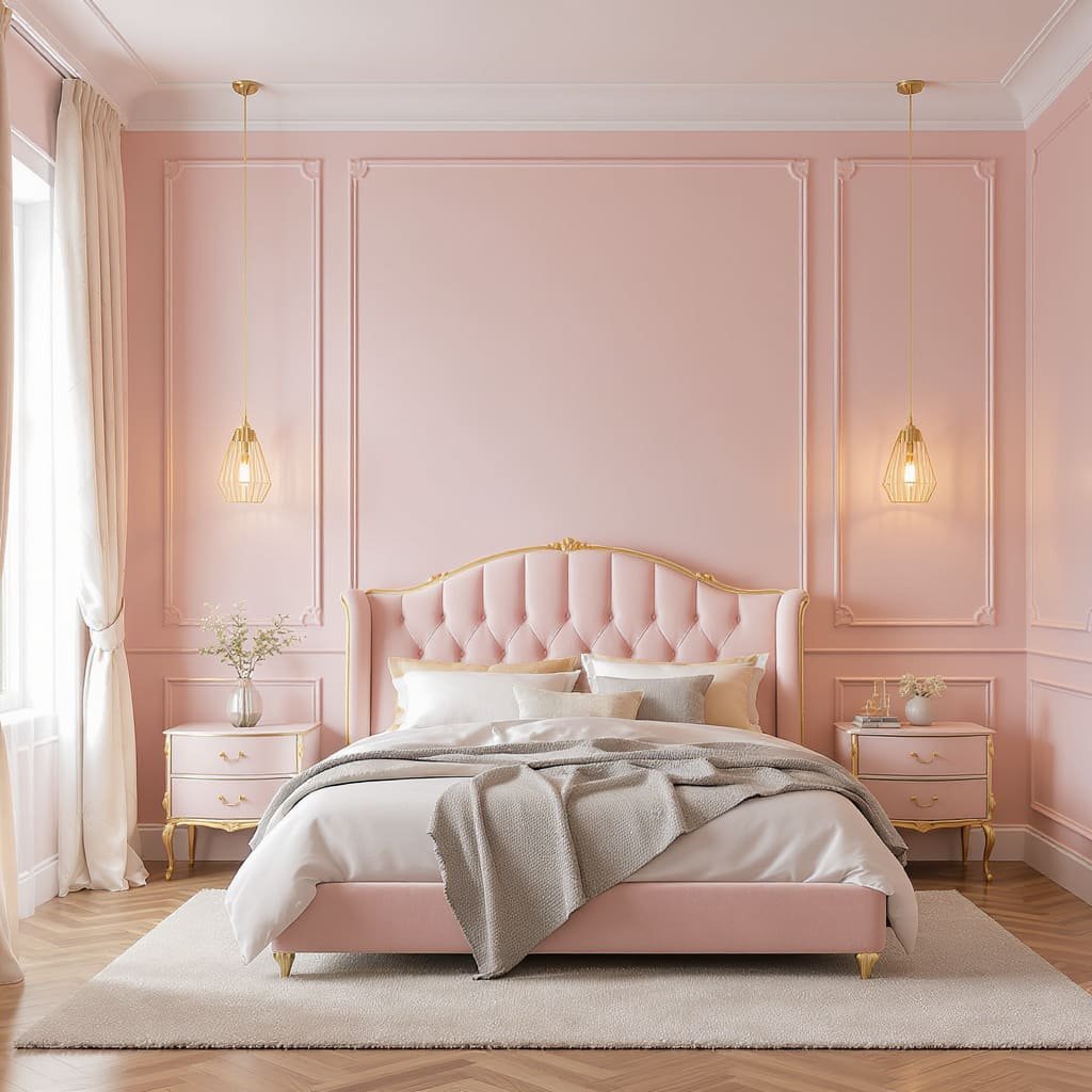 Blush Pink Panelled Bed Wall with Gold Pendant Lights