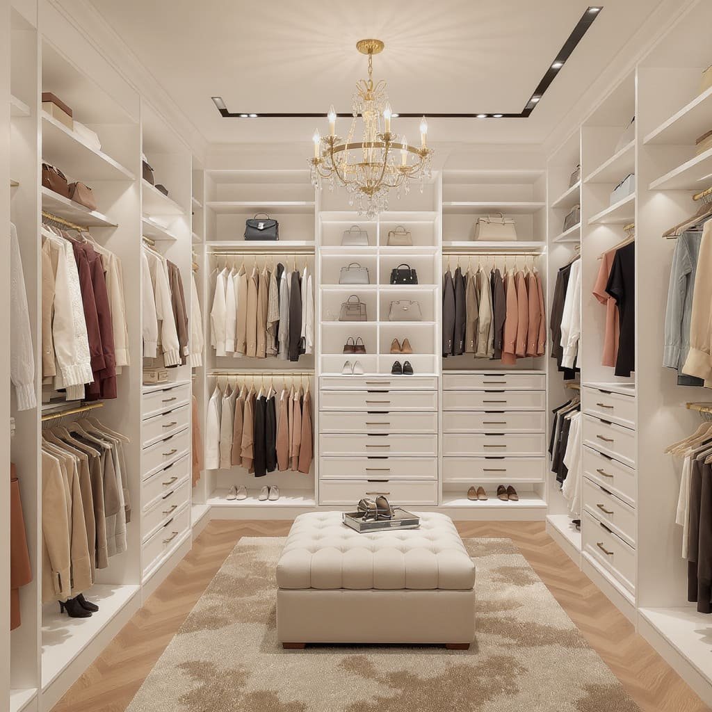 Boutique Walk In Closet With Center Ottoman