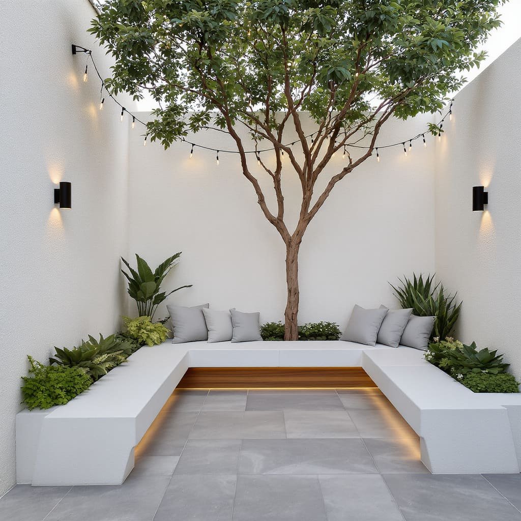 Built In Bench Courtyard Under a Tree