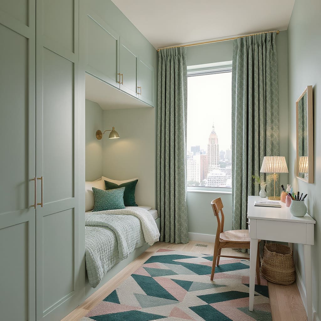 Built In Mint Green Small Bedroom