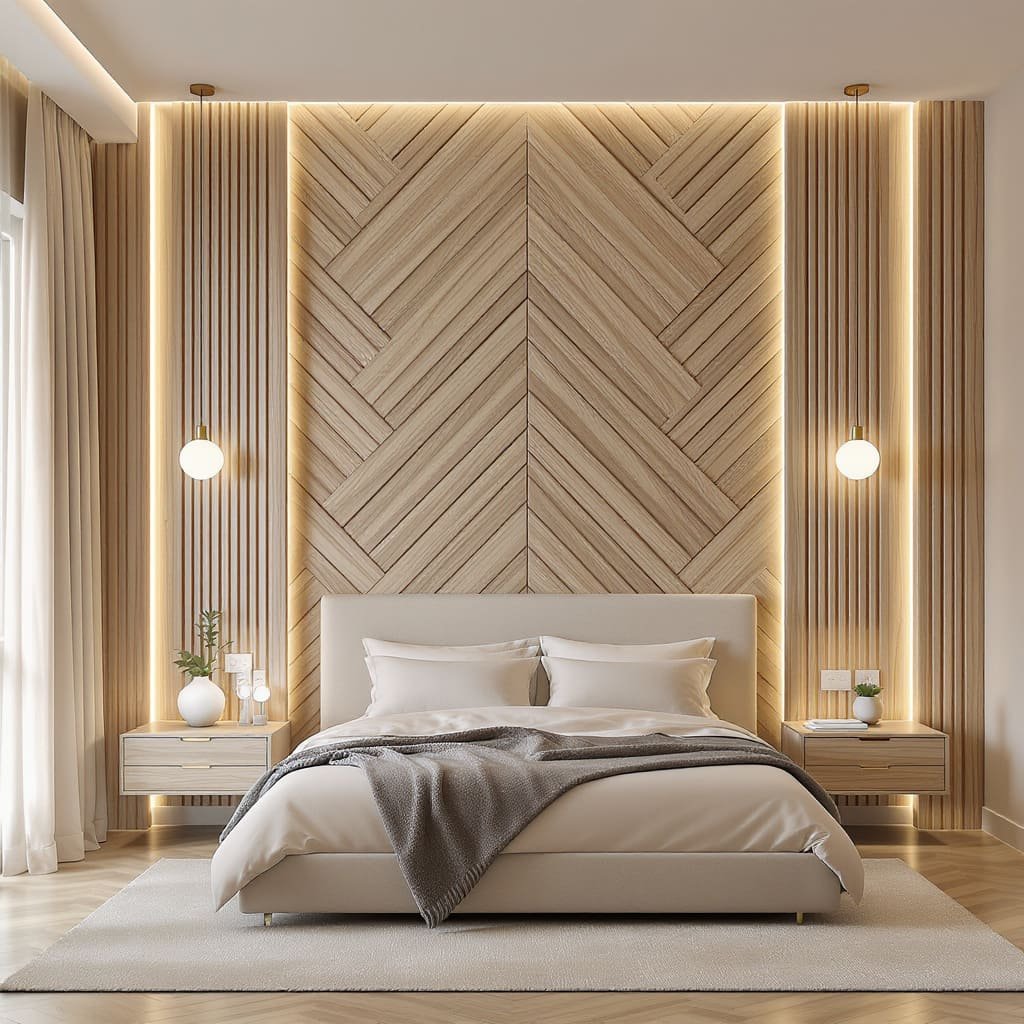 Chevron Wood Slat Bed Wall with Warm LED Backlighting