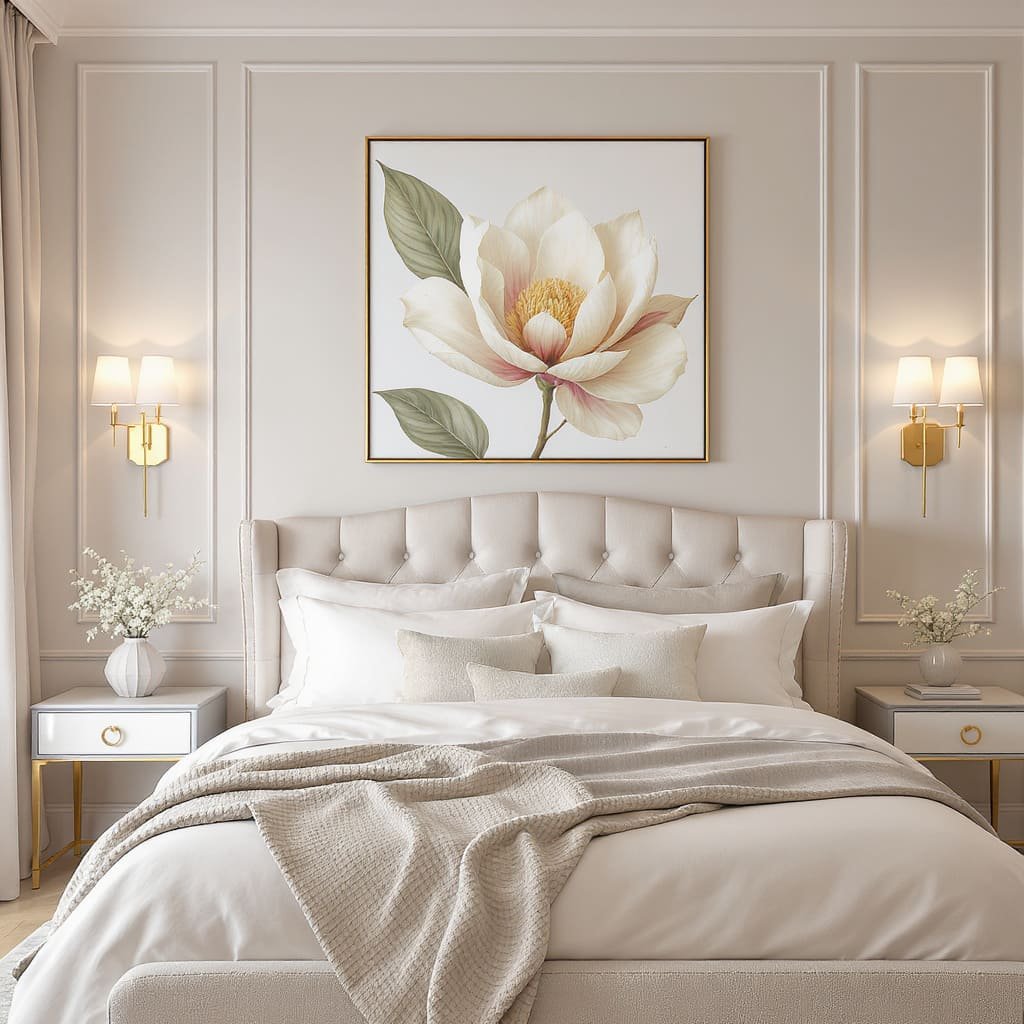 Classic Neutral Panelled Bed Wall with Floral Art