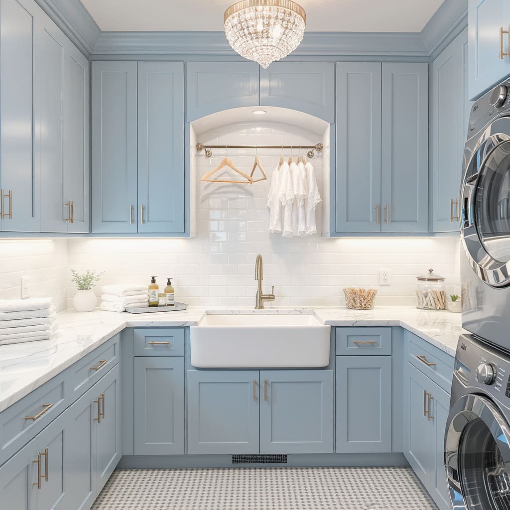Coastal Blue Glam Laundry Room