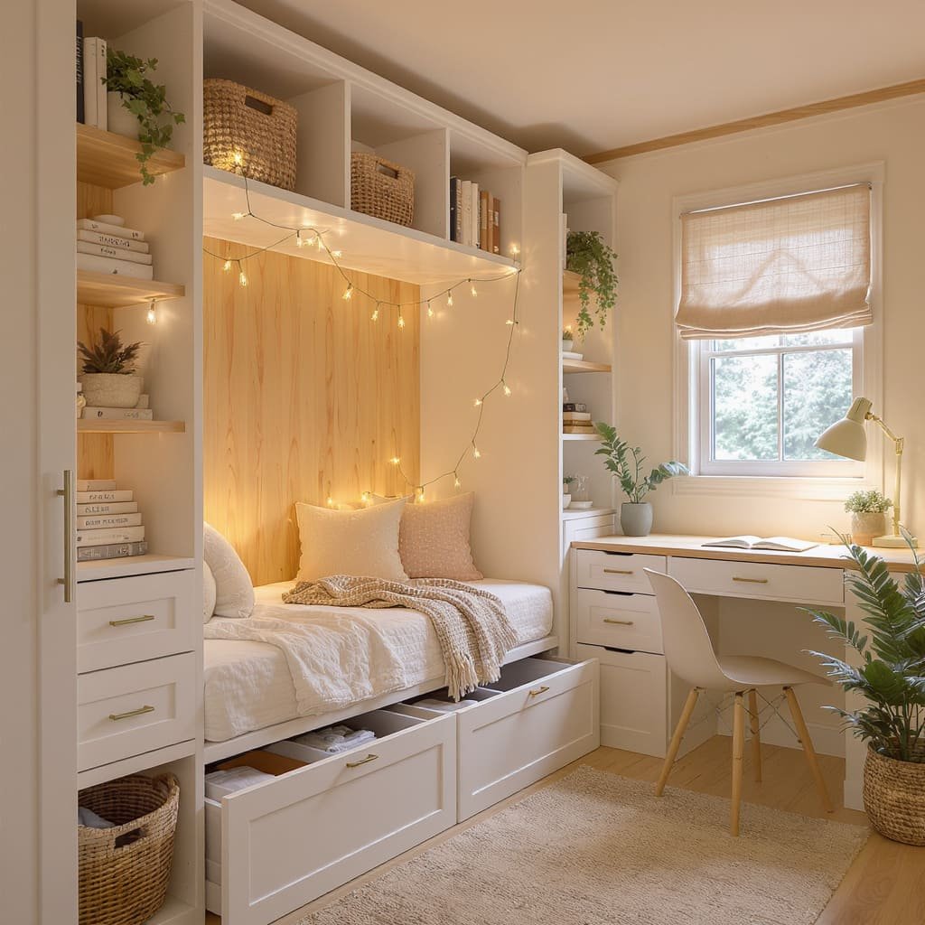 Cozy Built In Storage Tiny Room