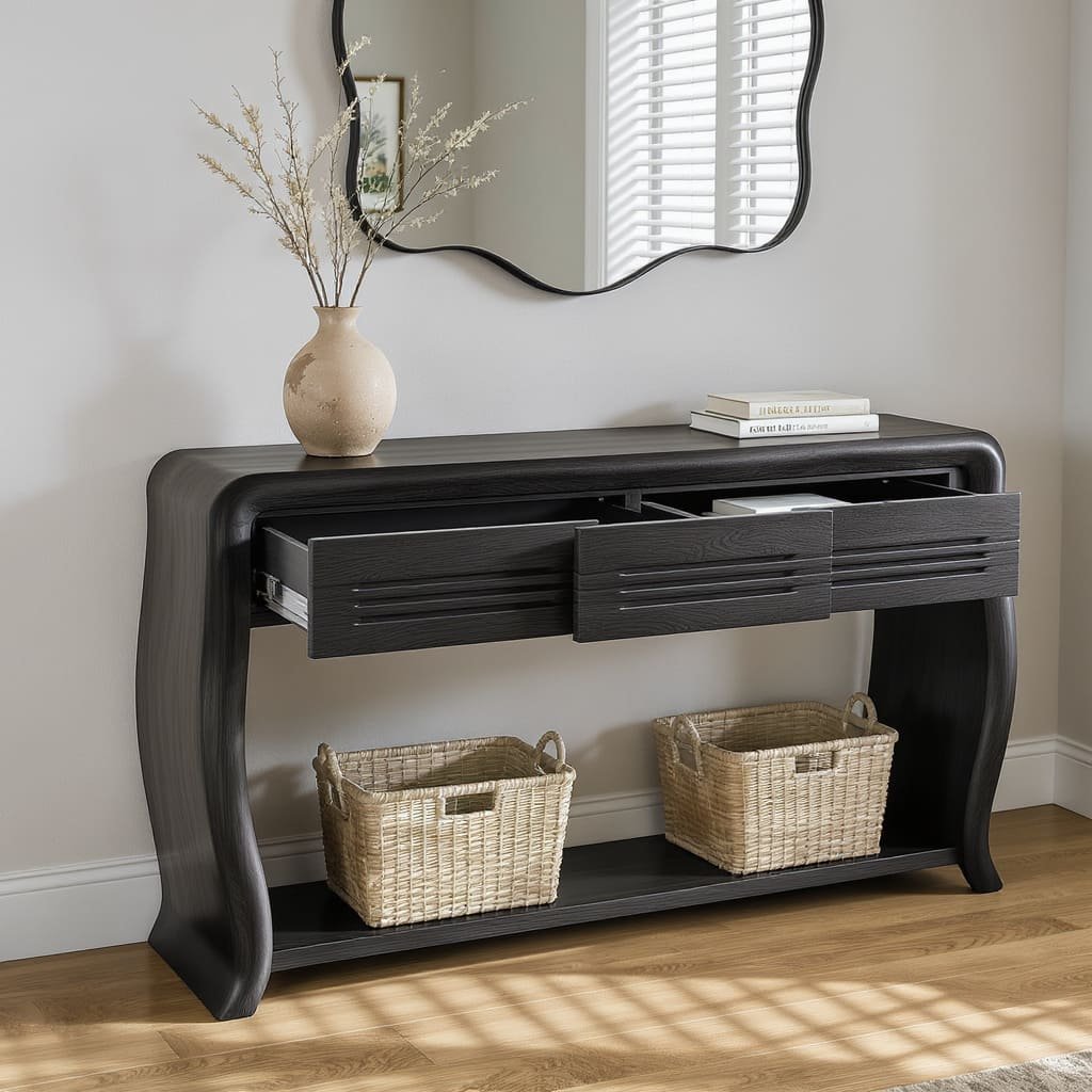 Curved Black Console Table with Drawers and Basket Shelf