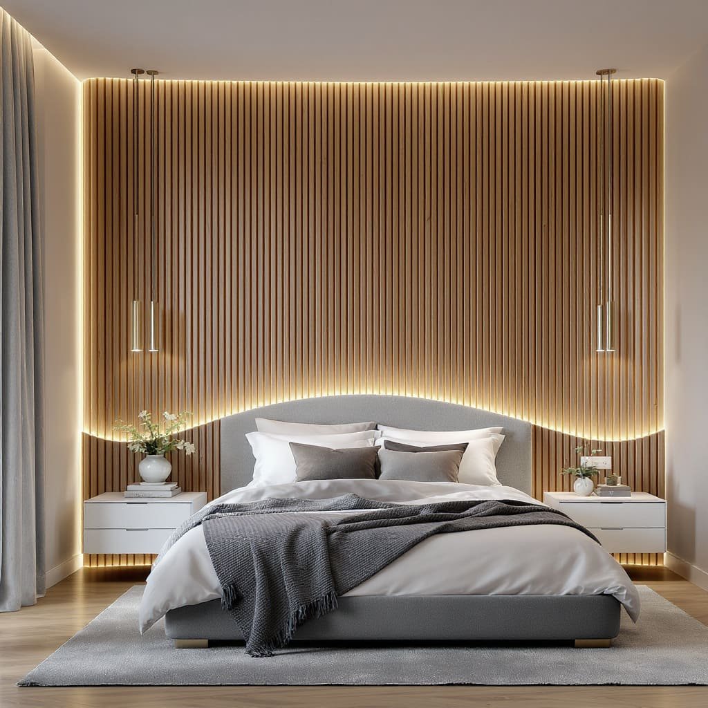 Curved Wood Slat Bed Wall with Hidden LED Glow