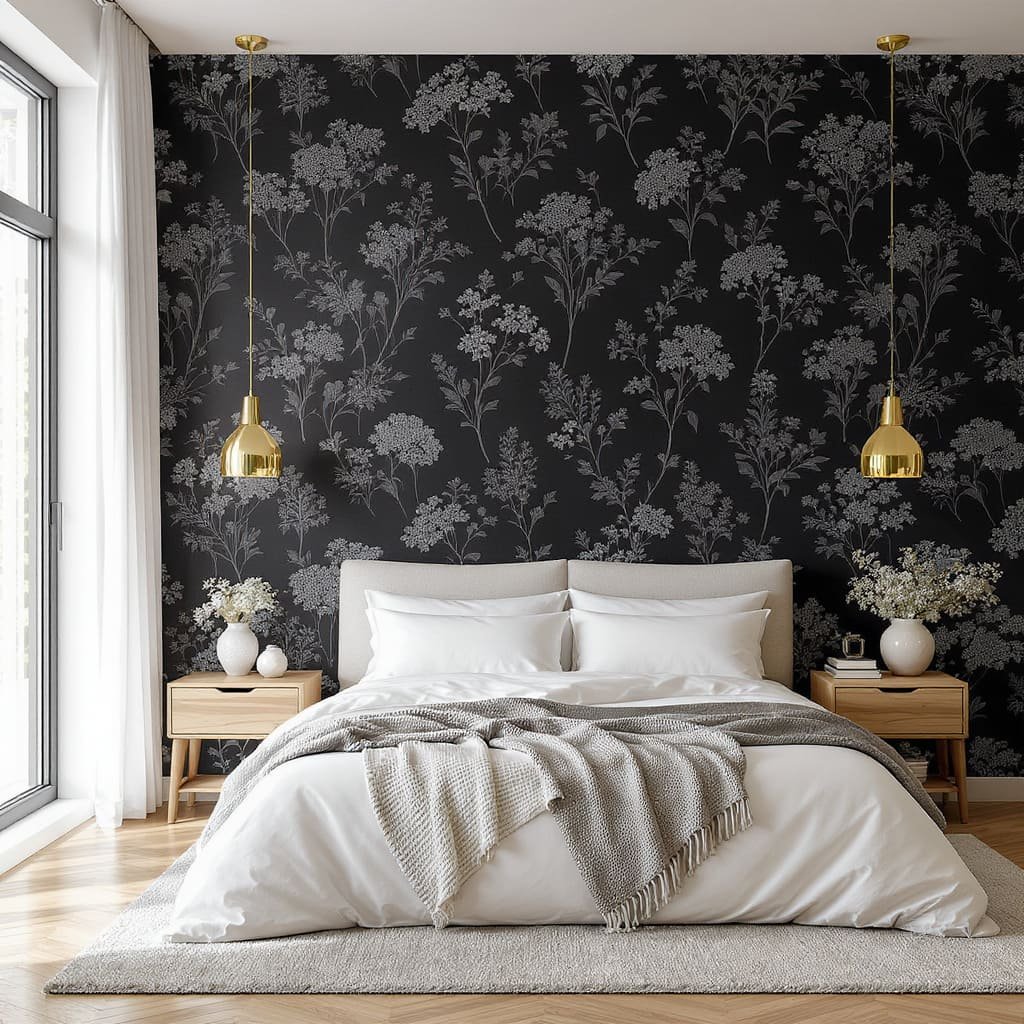 Dark Botanical Floral Wallpaper Accent Wall