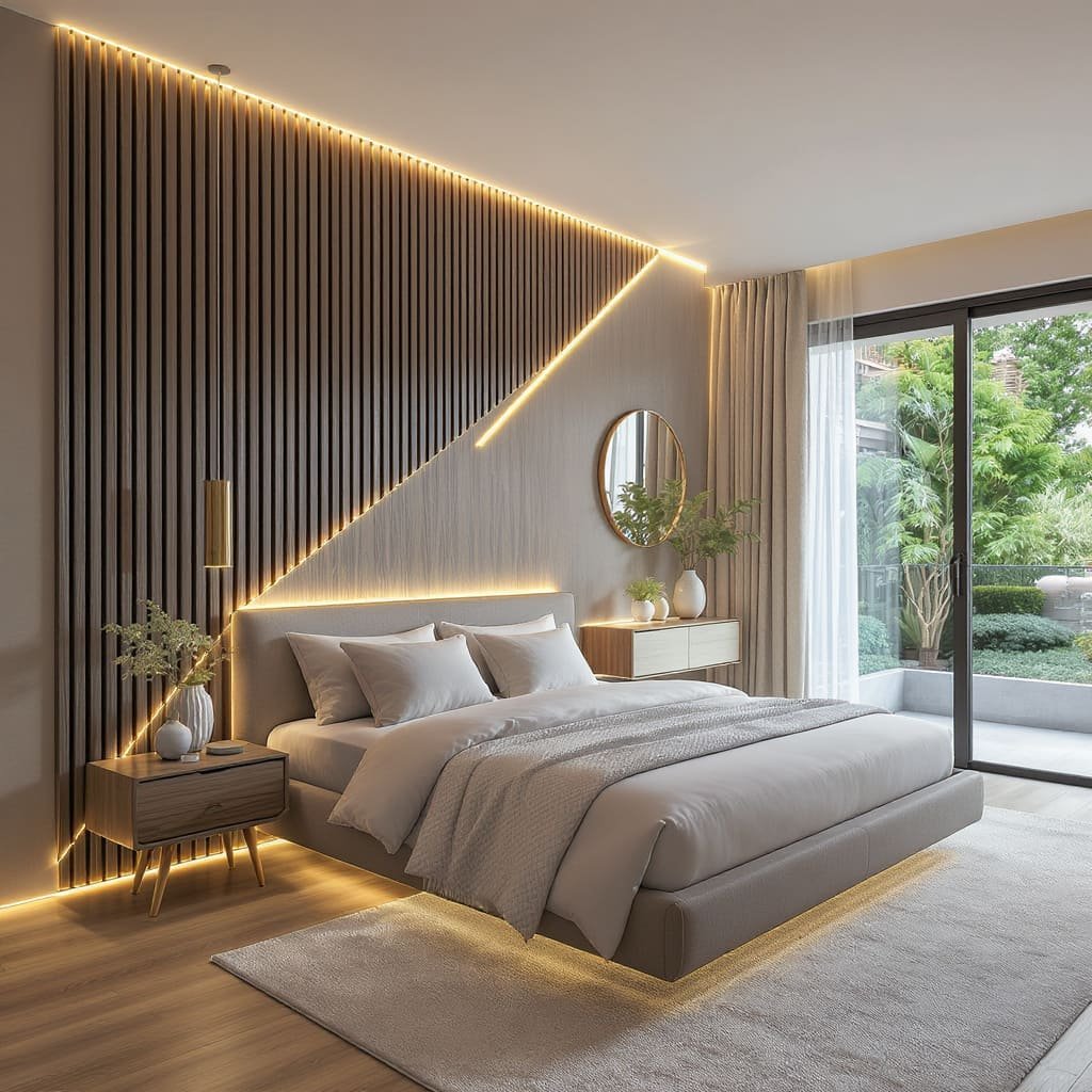 Diagonal Wood Slat Bed Wall with LED Accent Lines