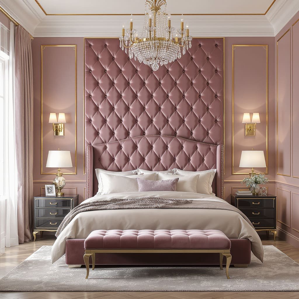 Diamond Tufted Velvet Bed Wall with Gold Trim