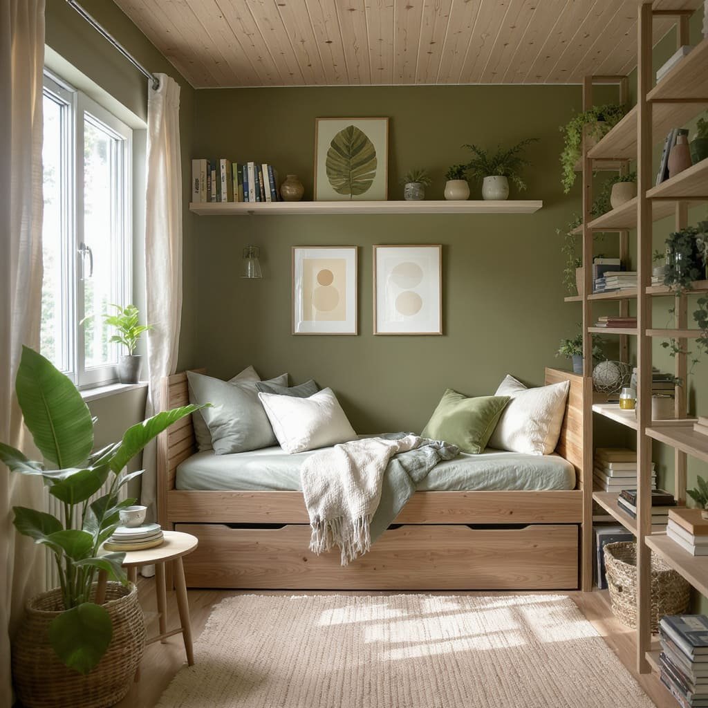 Earthy Green Built In Tiny Room