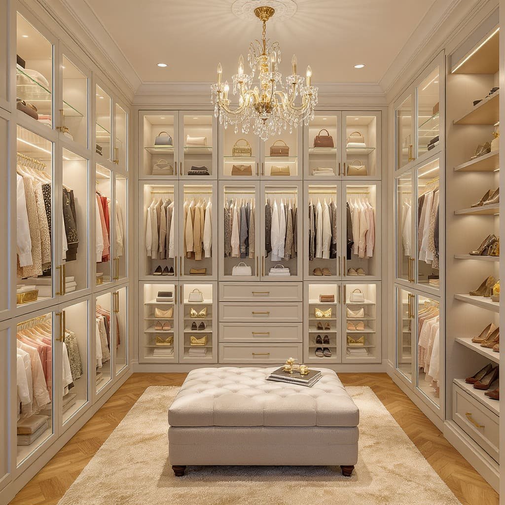 Elegant Glass Front Walk In Closet With Bench