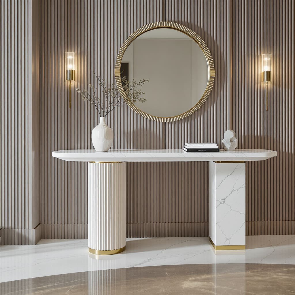 Fluted Architectural Console Table with Marble Accents