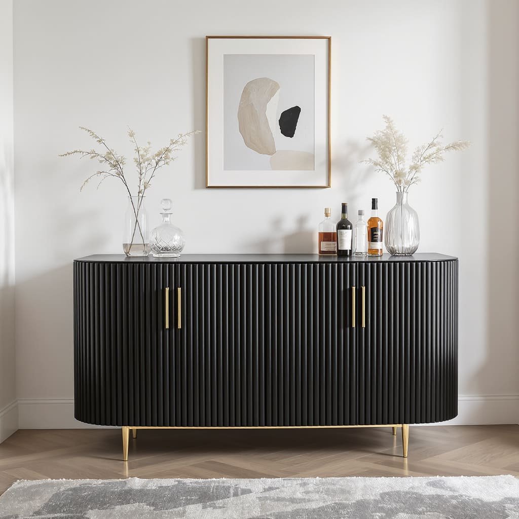 Fluted Black Console Table with Brass Handles and Tapered Legs