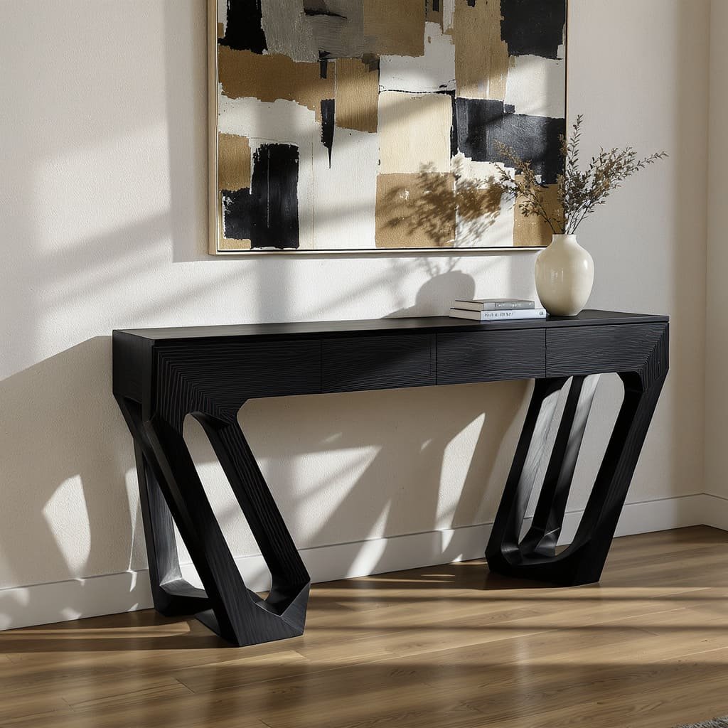 Geometric Leg Black Console Table with Drawers
