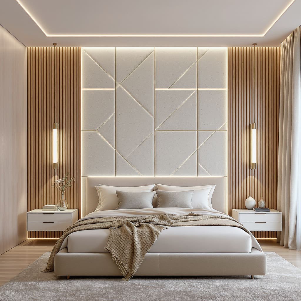 Geometric Panel Bed Wall with Wood Slats and LED Lines