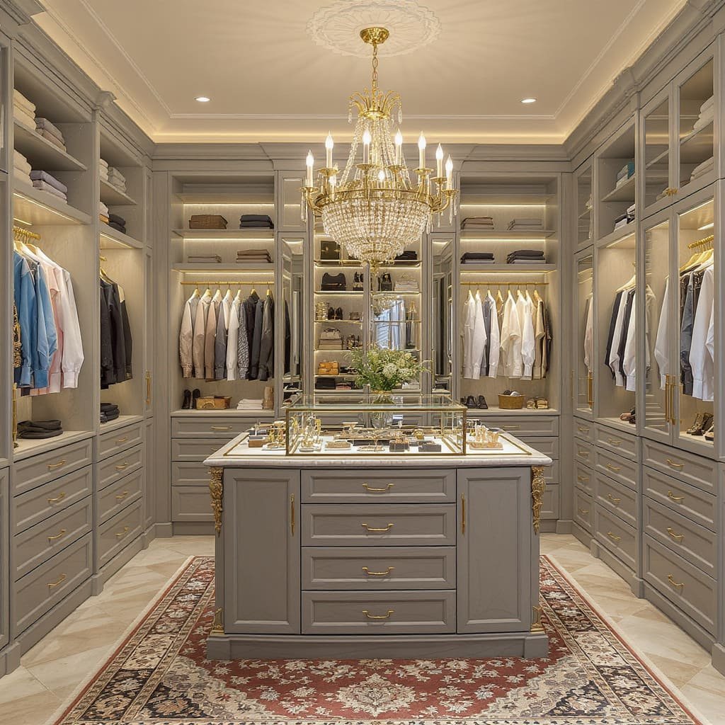 Glam Gray Walk In Closet With Jewelry Island