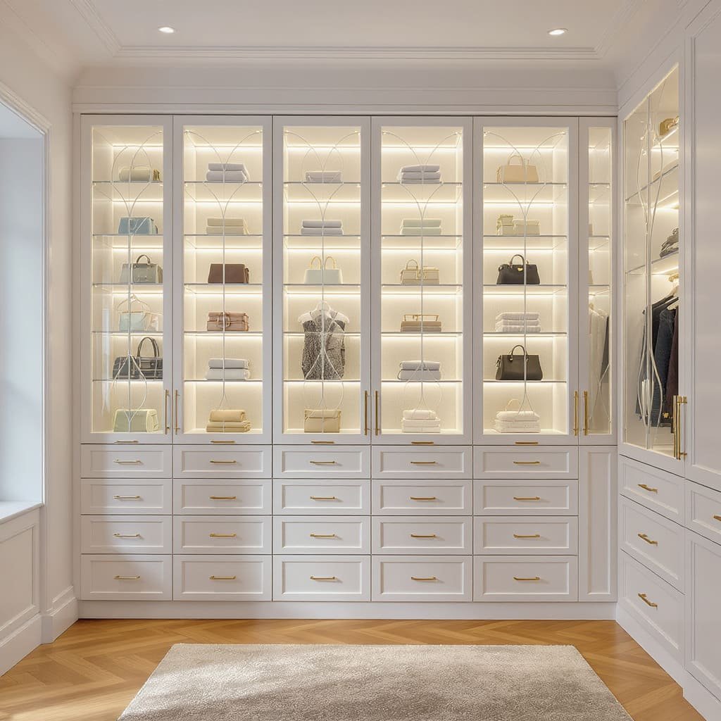 Glass Display Closet With Drawer Bank