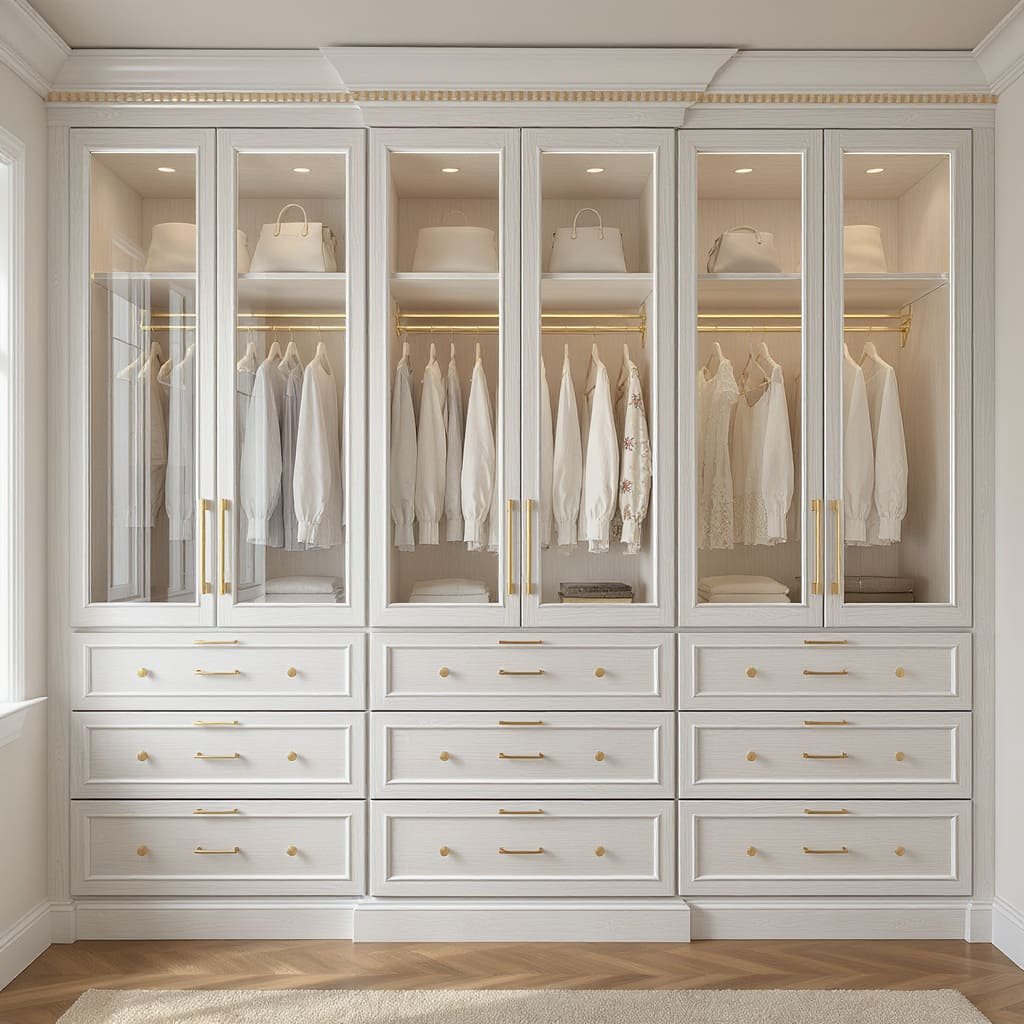 Glass Door Wardrobe With Drawer Wall