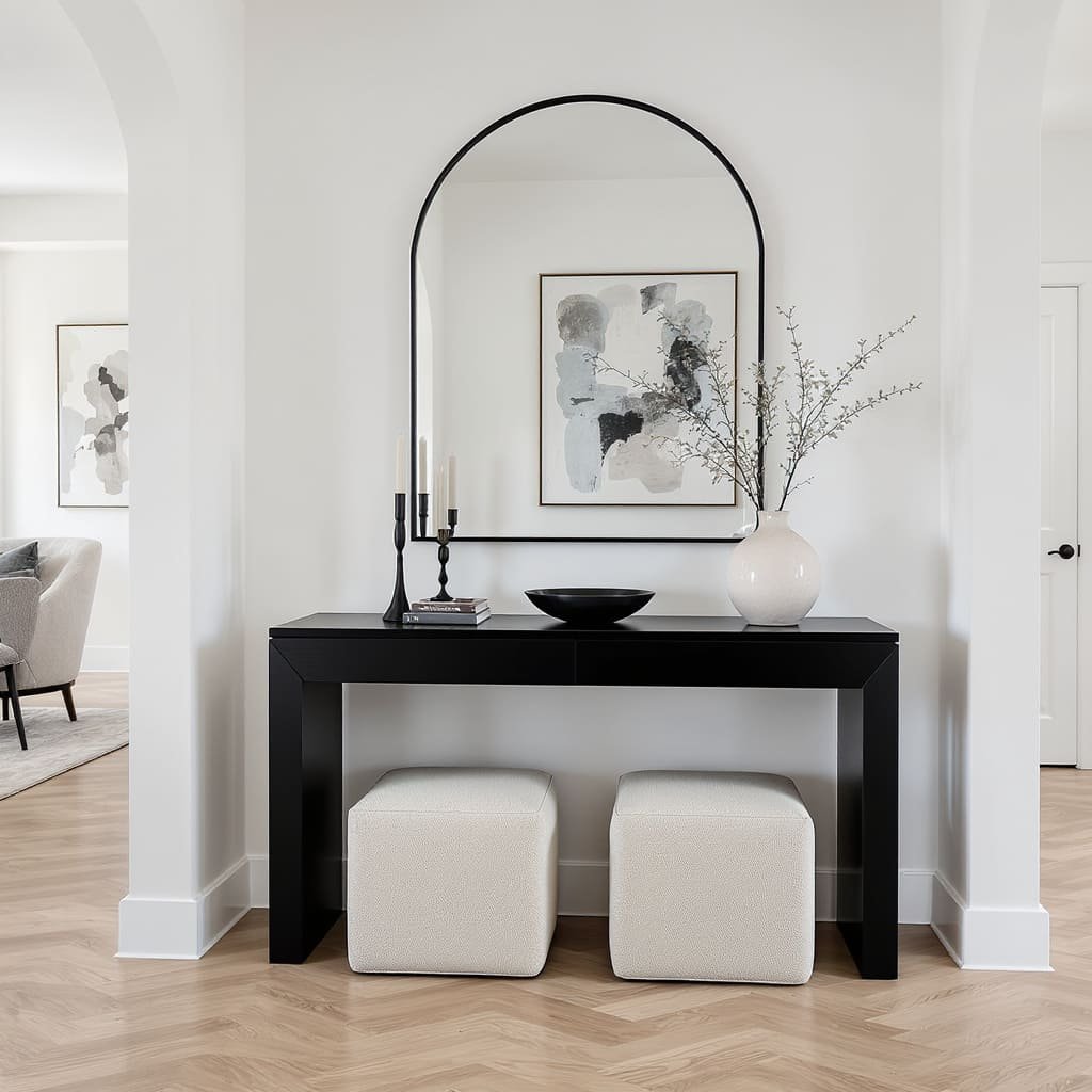 Graphic Black Console Table with Integrated Seating