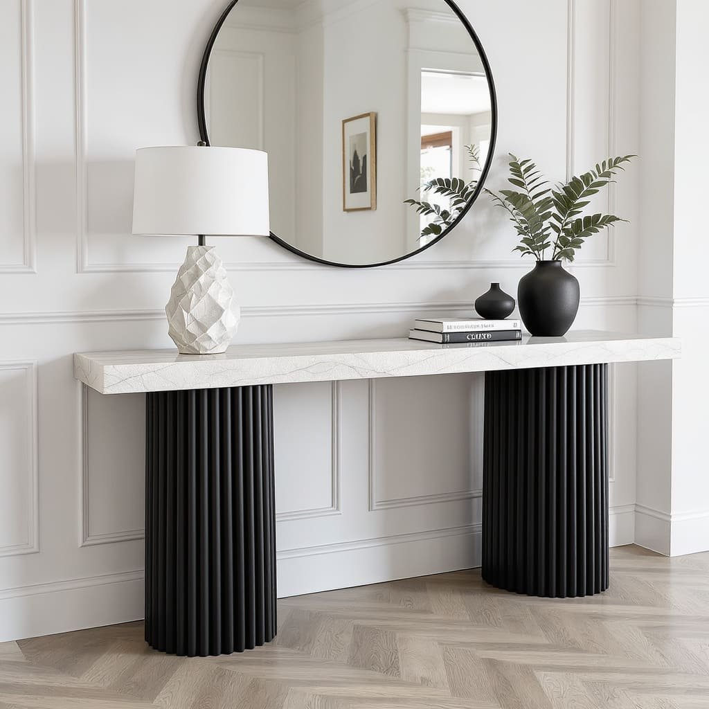 Graphic Stone Console Table with Fluted Black Legs