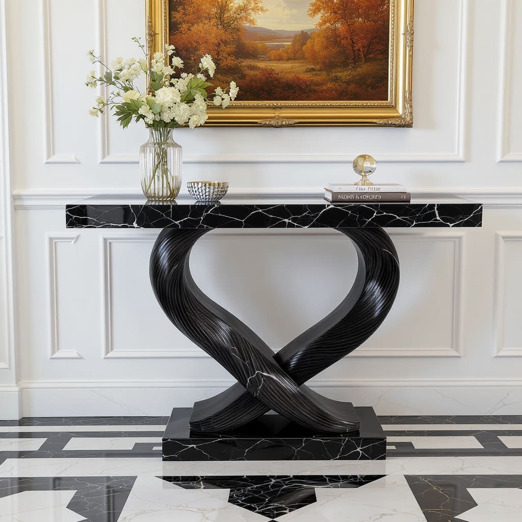 Infinity Twist Black Console Table with Marble Top