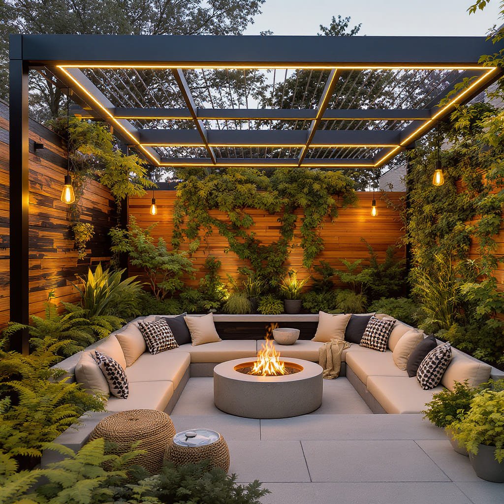 LED Pergola Fire Pit Lounge