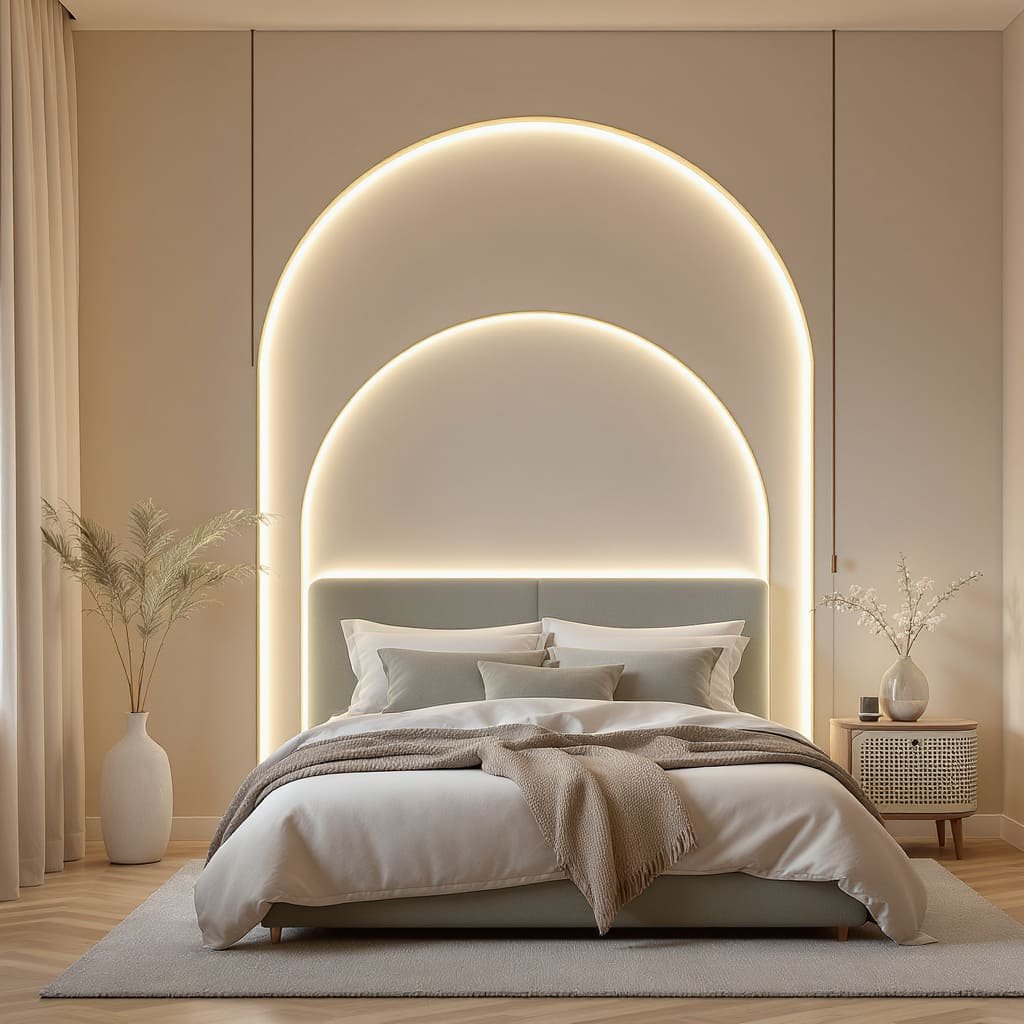 Layered LED Arch Bed Wall Feature