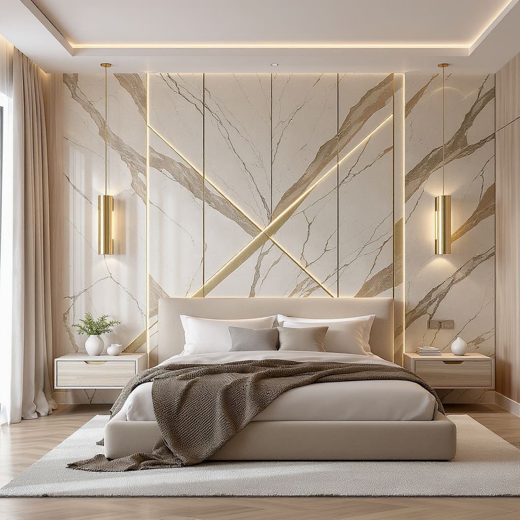 Luxe Marble Panel Bed Wall with Linear LED Accents