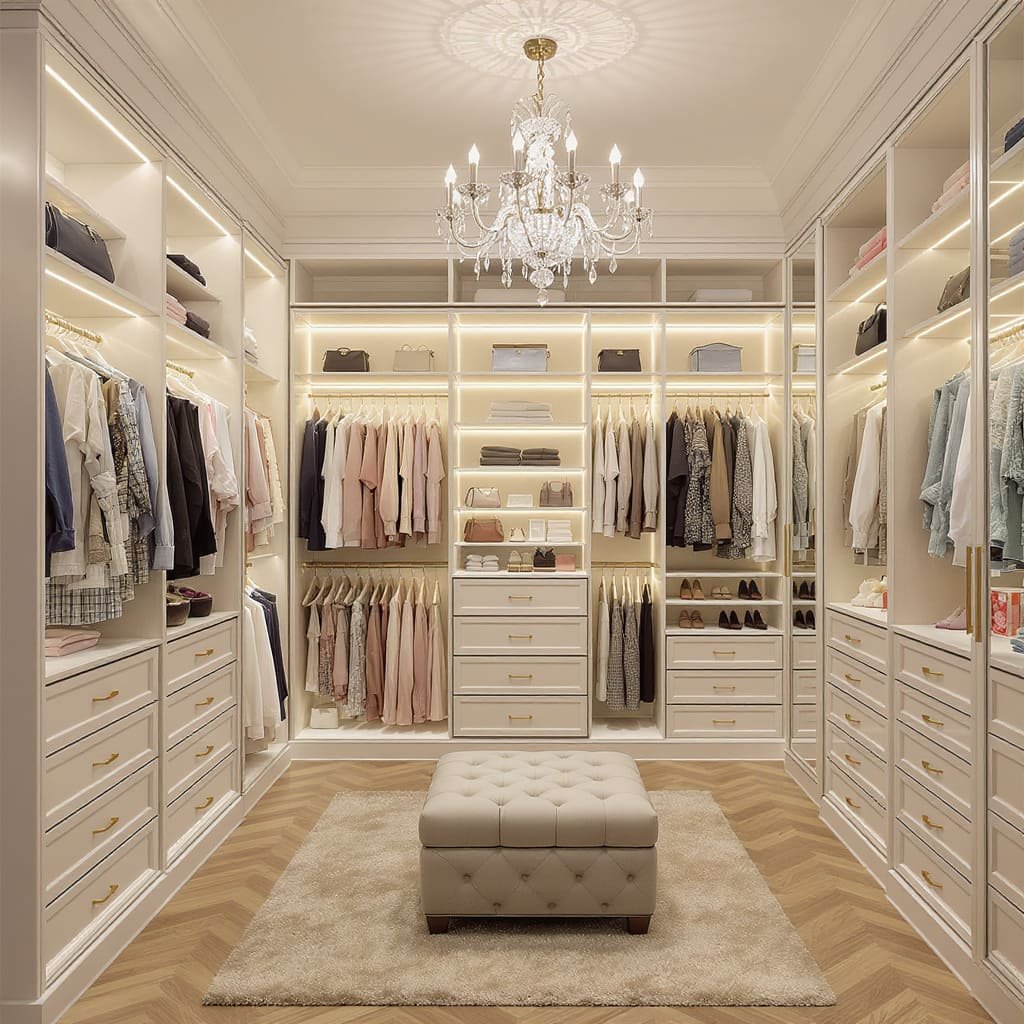 Luxe Walk In Closet With Chandelier And Ottoman