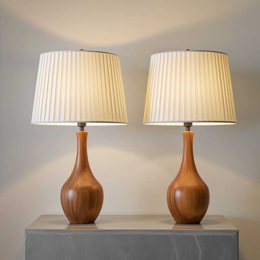 Matching Wood Lamp Pair With Pleated Shades