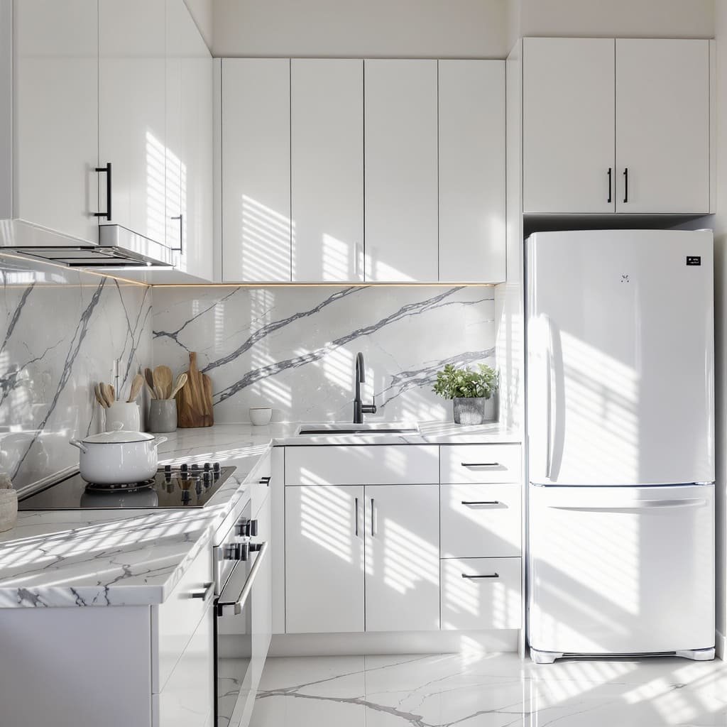 Minimal White Small Kitchen with Marble Look Backsplash