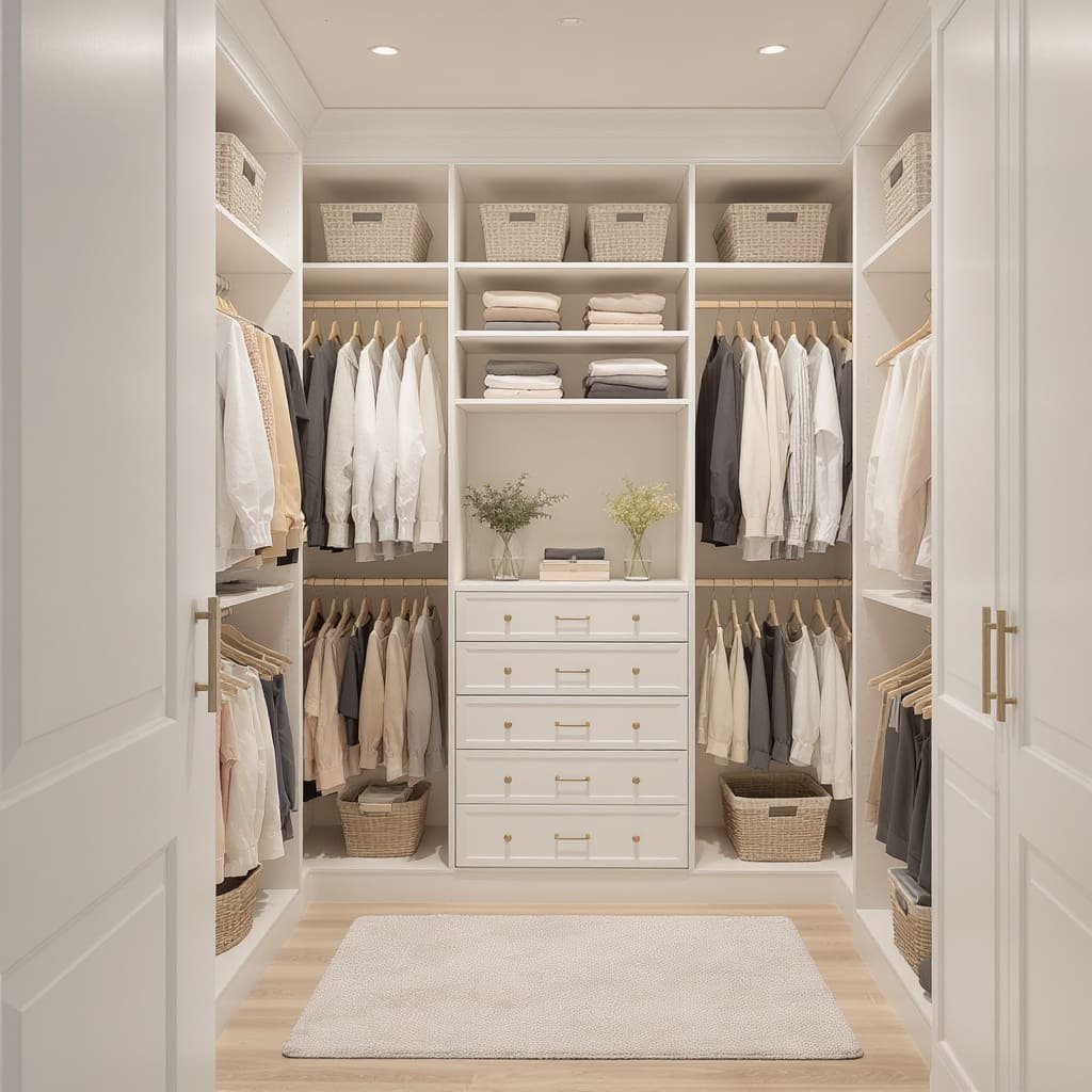 Minimalist Walk In Closet With Linen Baskets