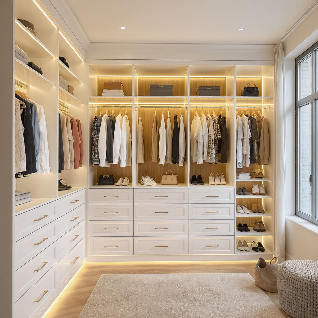 Modern LED Closet With Wood Back Panels