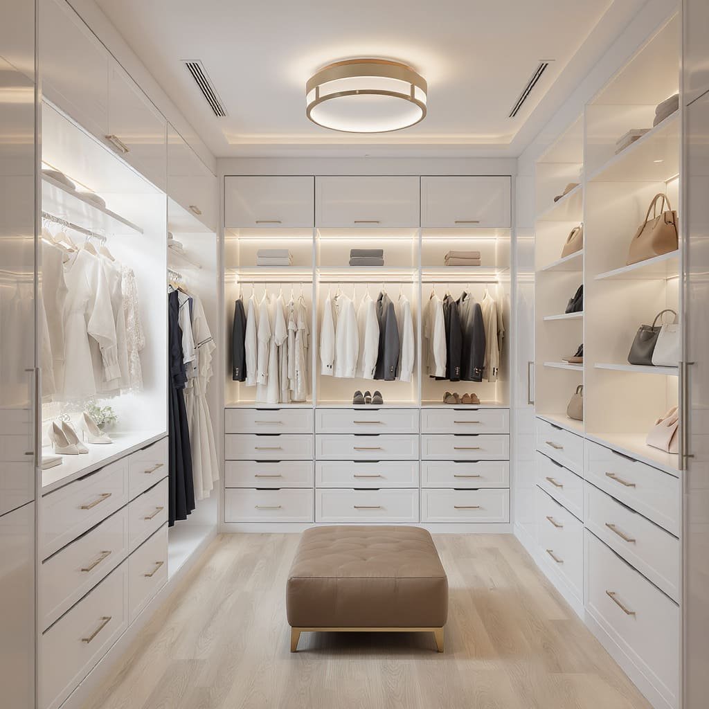 Modern Minimal Walk In Closet With LED Wardrobe Wall