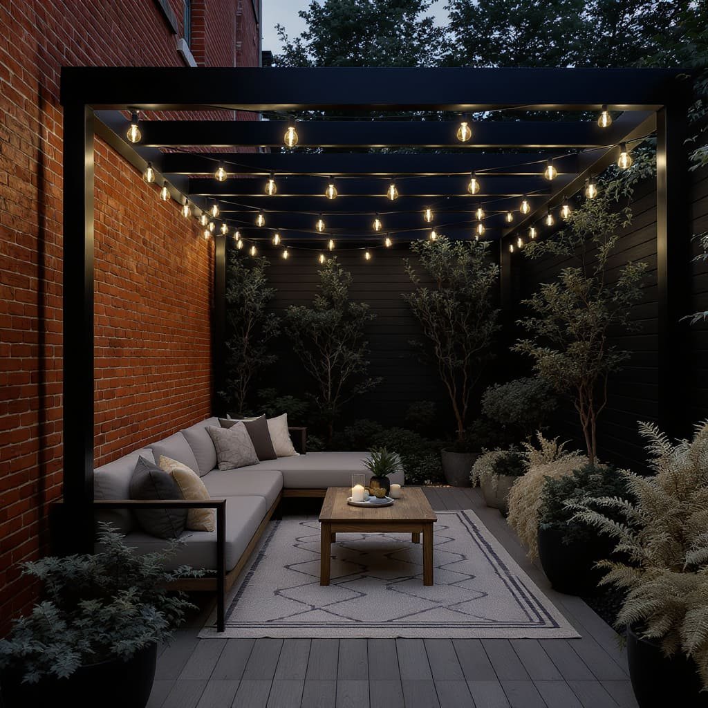 Moody Pergola Lounge with String Lights