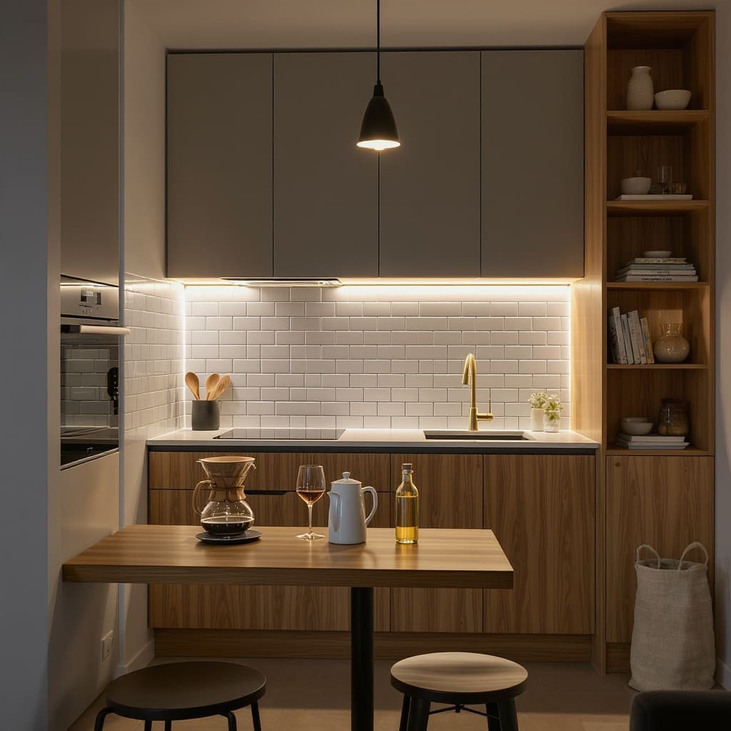 Moody Small Kitchen with Open Shelf Storage Wall